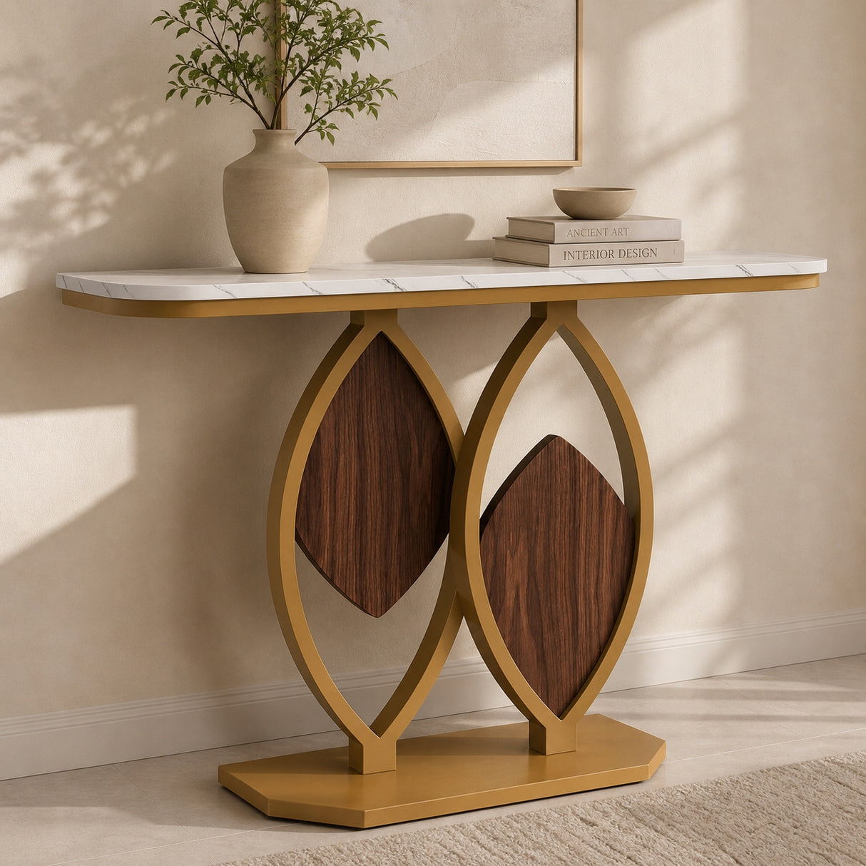 Stolik Konsolowy HOGA-NY124 Biały Złoty 105x30x80cm Wzmocniona Płyta MDF