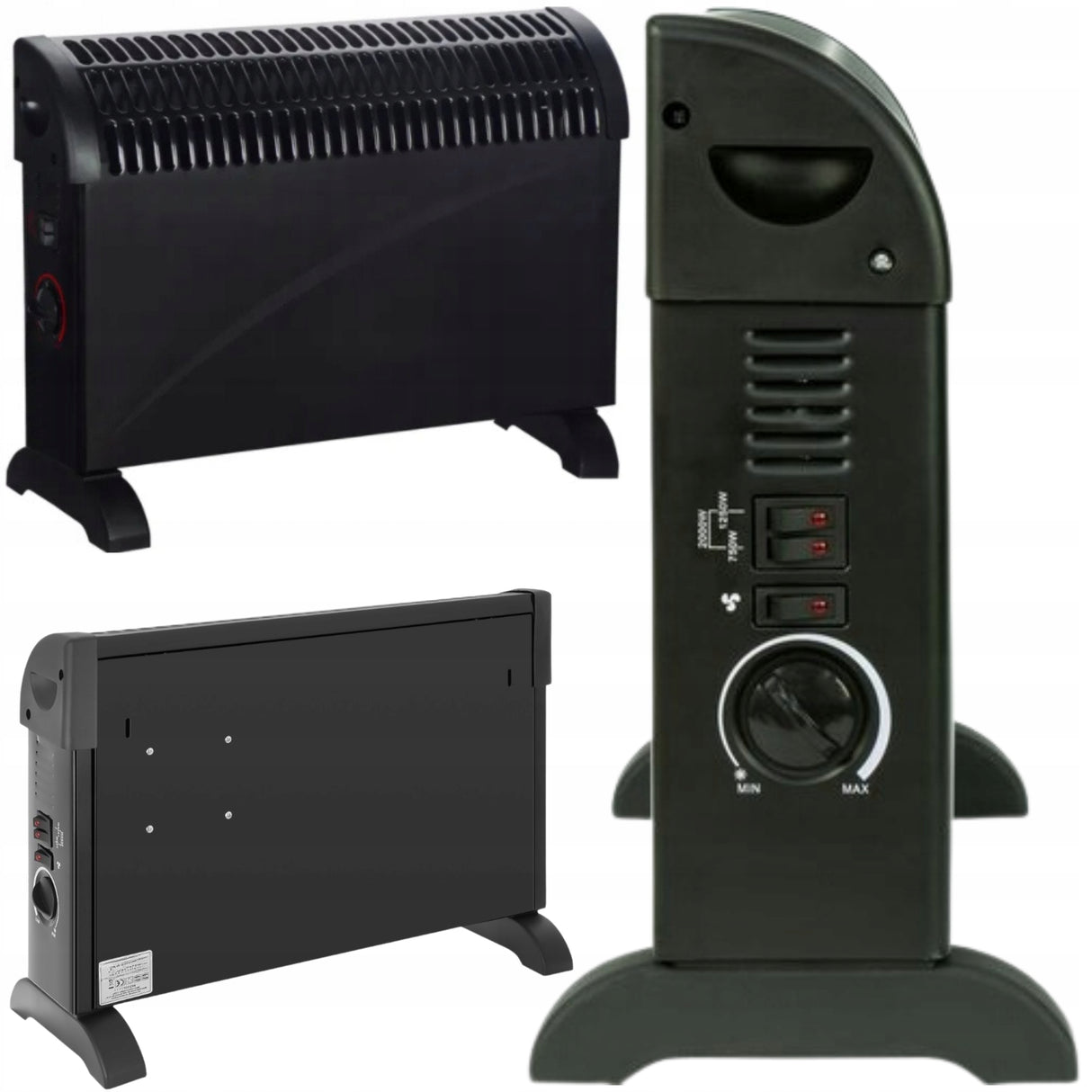 Grzejnik Elektryczny Termostat Konwektorowy 750W 1250W 2000W Czarny 3 Tryby