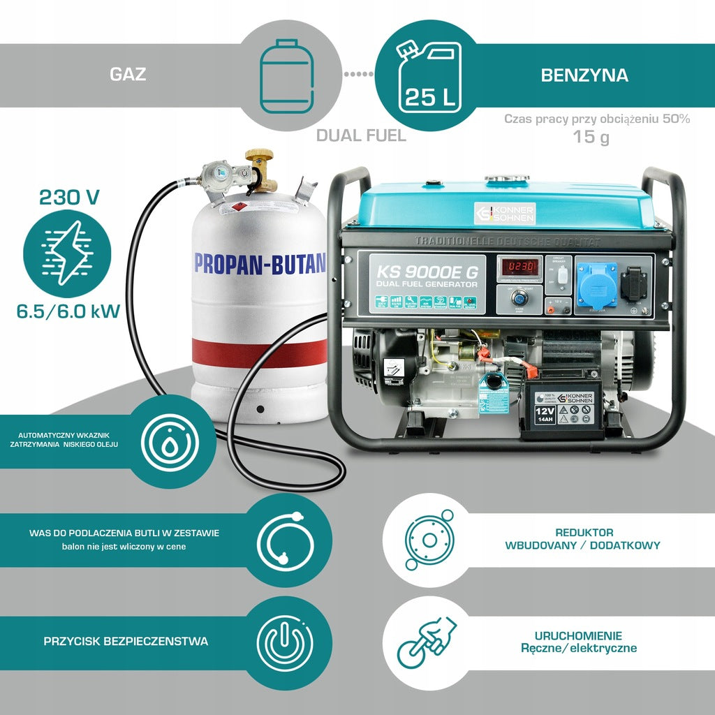 Agregat Prądotwórczy DUAL FUEL 6500W Gaz Benzyna Jednofazowy 230V