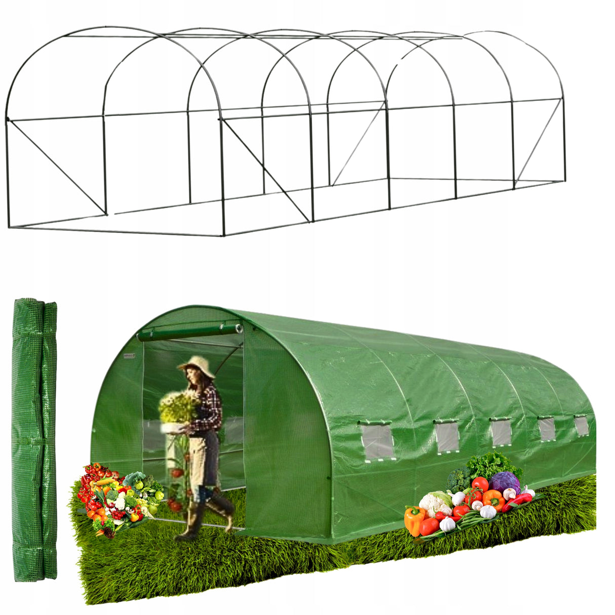 Tunel Foliowy [24 m²] 8x3m [STELAŻ + FOLIA] | ZIELONY