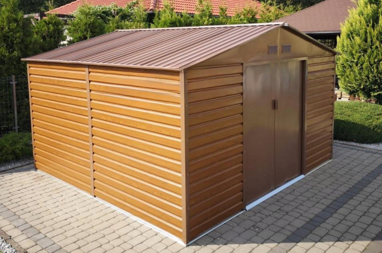 Szopa na Narzędzia Ogrodowe Blaszana Domek Imitacja Drewna 340x319cm 10,2m2
