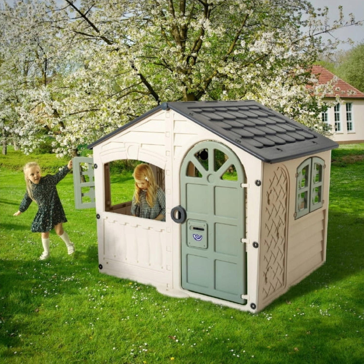 Domek Ogrodowy Duży Dom na Ogród XXL + Naklejki 140x111cm Szaro-beżowy