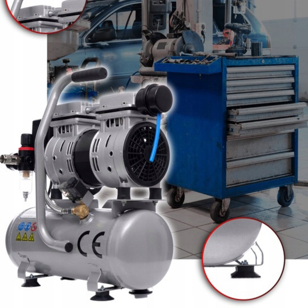 Sprężarka Bezolejowa Kompresor Dwutłokowy R2 Cichy Solidny 6L 550W 10 Bar
