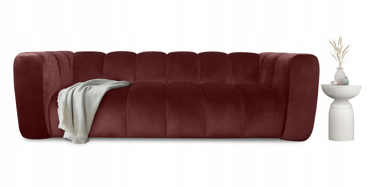 Sofa Trzyosobowa do Salonu Salonowa Boucle Obłe Kształy Burgund Welurowa