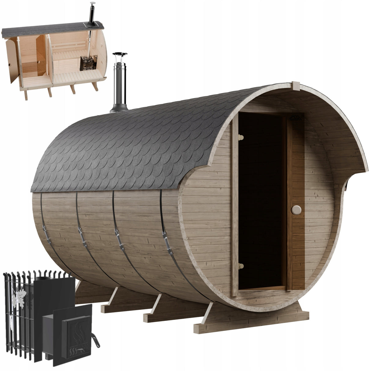 Sauna Ogrodowa Zestaw z Piecem na Drewno Szwedzkie Drewno Beczka 340 cm