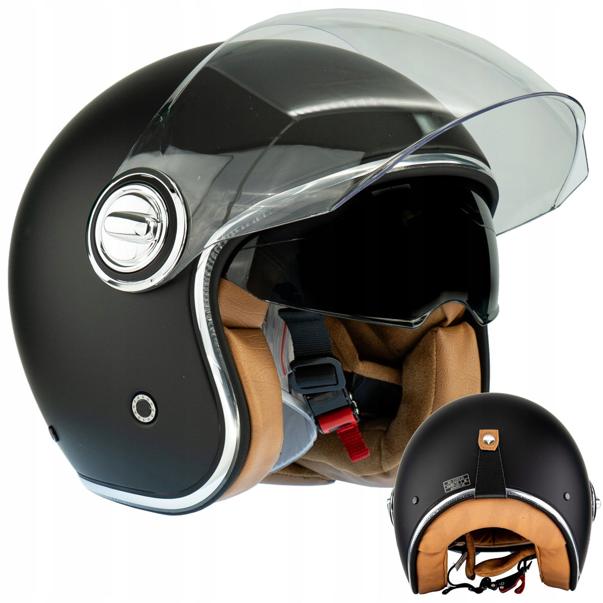 Kask Motocyklowy Elegancki Premium Neo-Retro Nox M Czarny Mat Skóra Beż