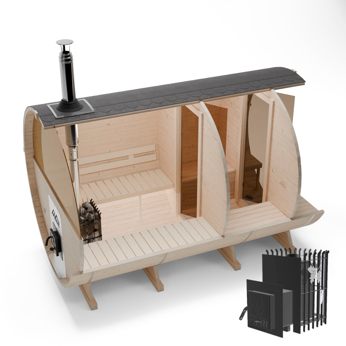 Sauna Ogrodowa Beczka 340 cm Szwedzkie Drewno Zestaw z Piecem HARVIA PC90