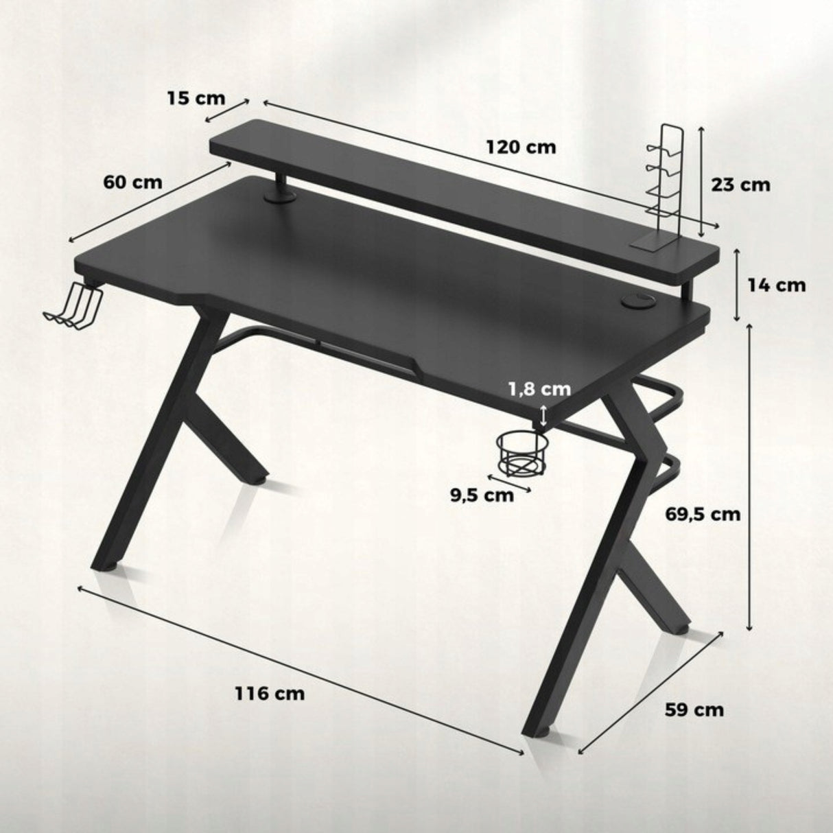 Biurko Gamingowe Młodzieżowe dla Gracza z Nadstawką + Uchwyty Czarne 120 cm