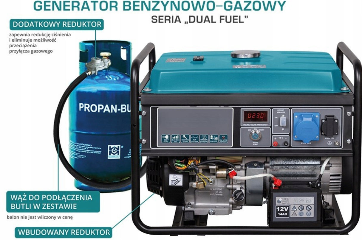 Agregat Prądotwórczy DUAL FUEL 6500W Gaz Benzyna Jednofazowy 230V