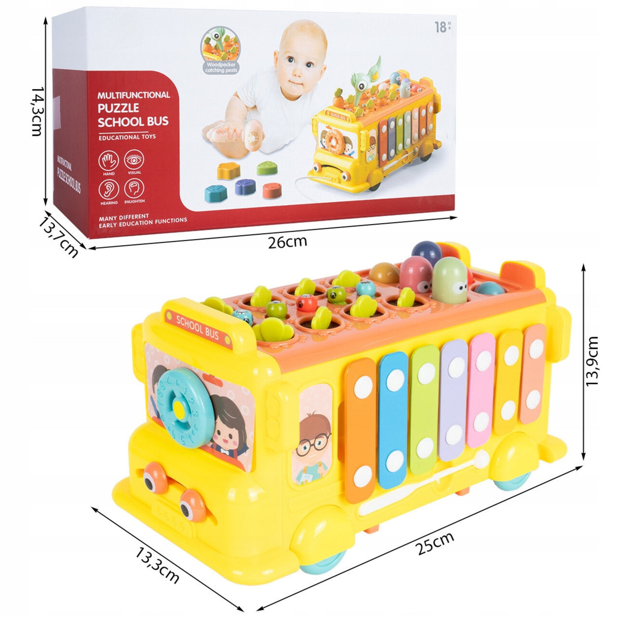 Autobus Edukacyjny Sorter Montessori Klocki Złap Robaczka z Cymbałkami