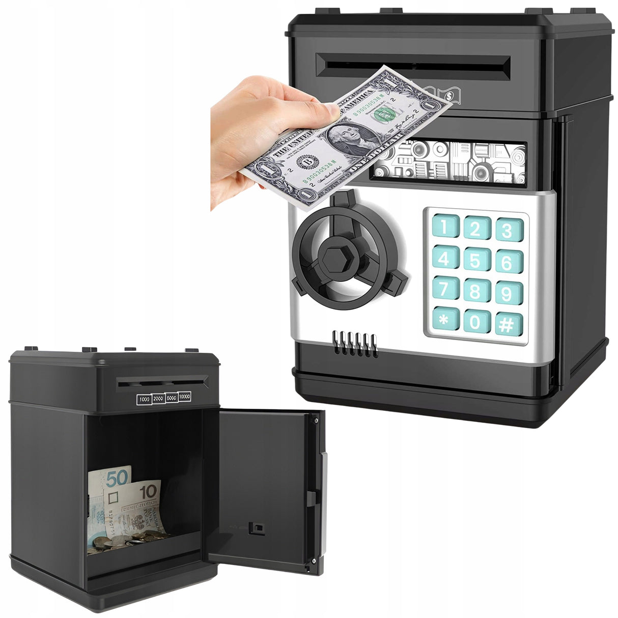 Skarbonka Sejf Bankomat Dla Dzieci z PIN LED Dźwięk Alarm Banknoty Efektami