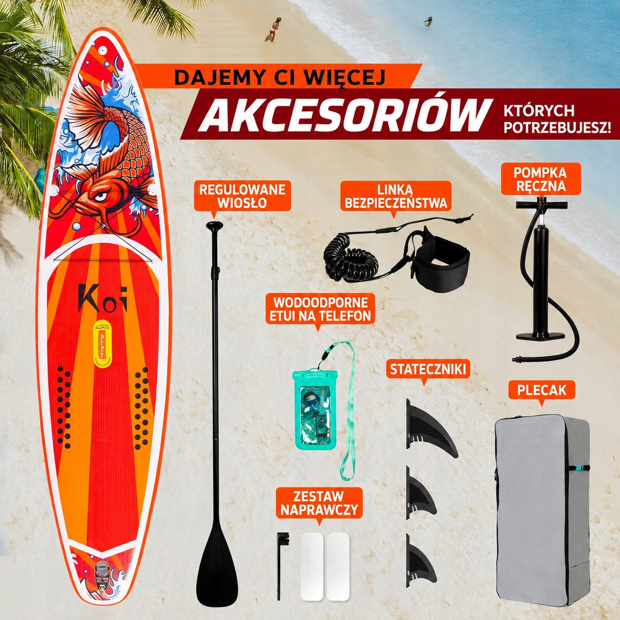 Nadmuchiwana Deska Wiosłowa Stand Up Paddle Pomarańczowa z Akcesoriami