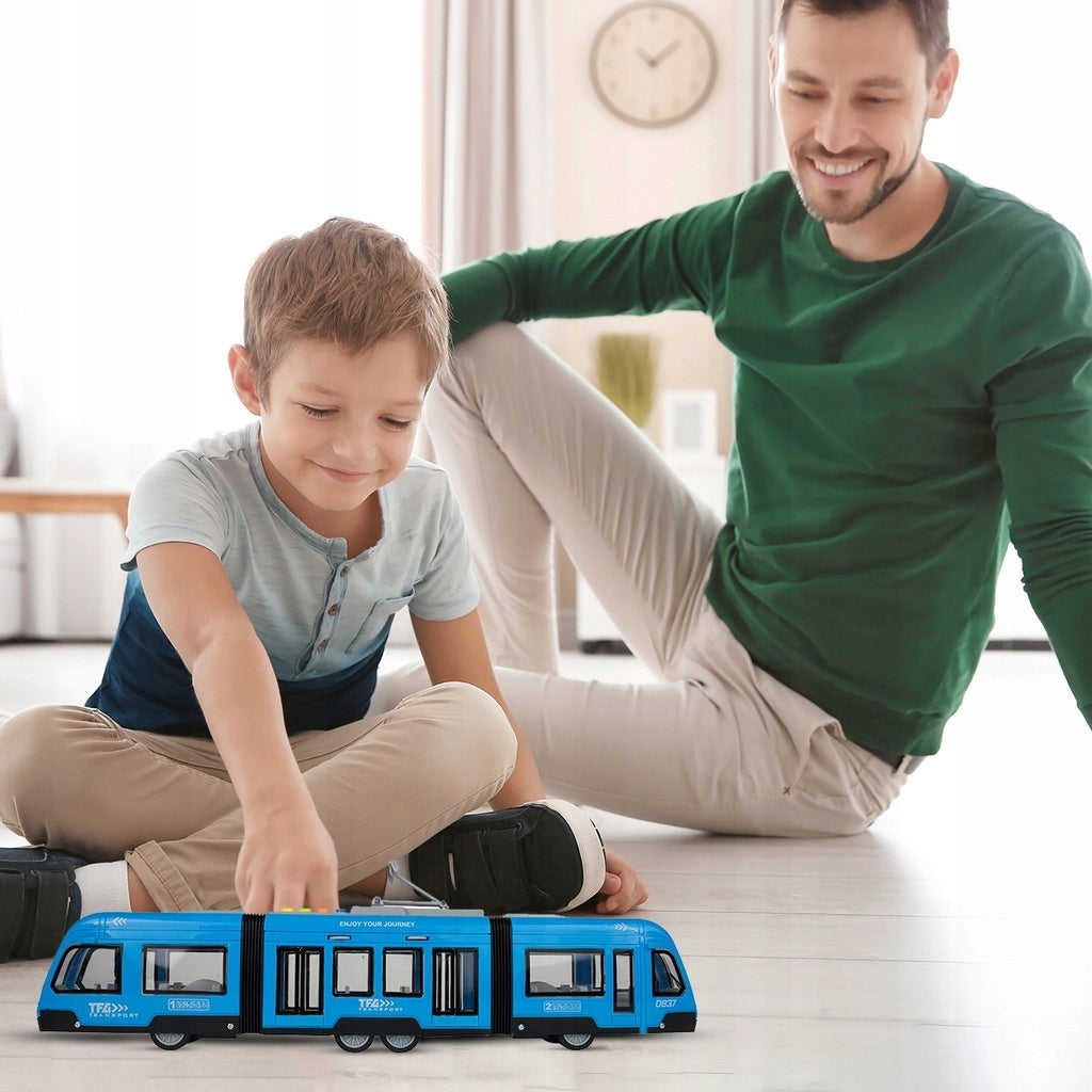 Tramwaj Trolejbus Zabawka na Baterie Światło Dźwięk Otwierane Drzwi 44cm