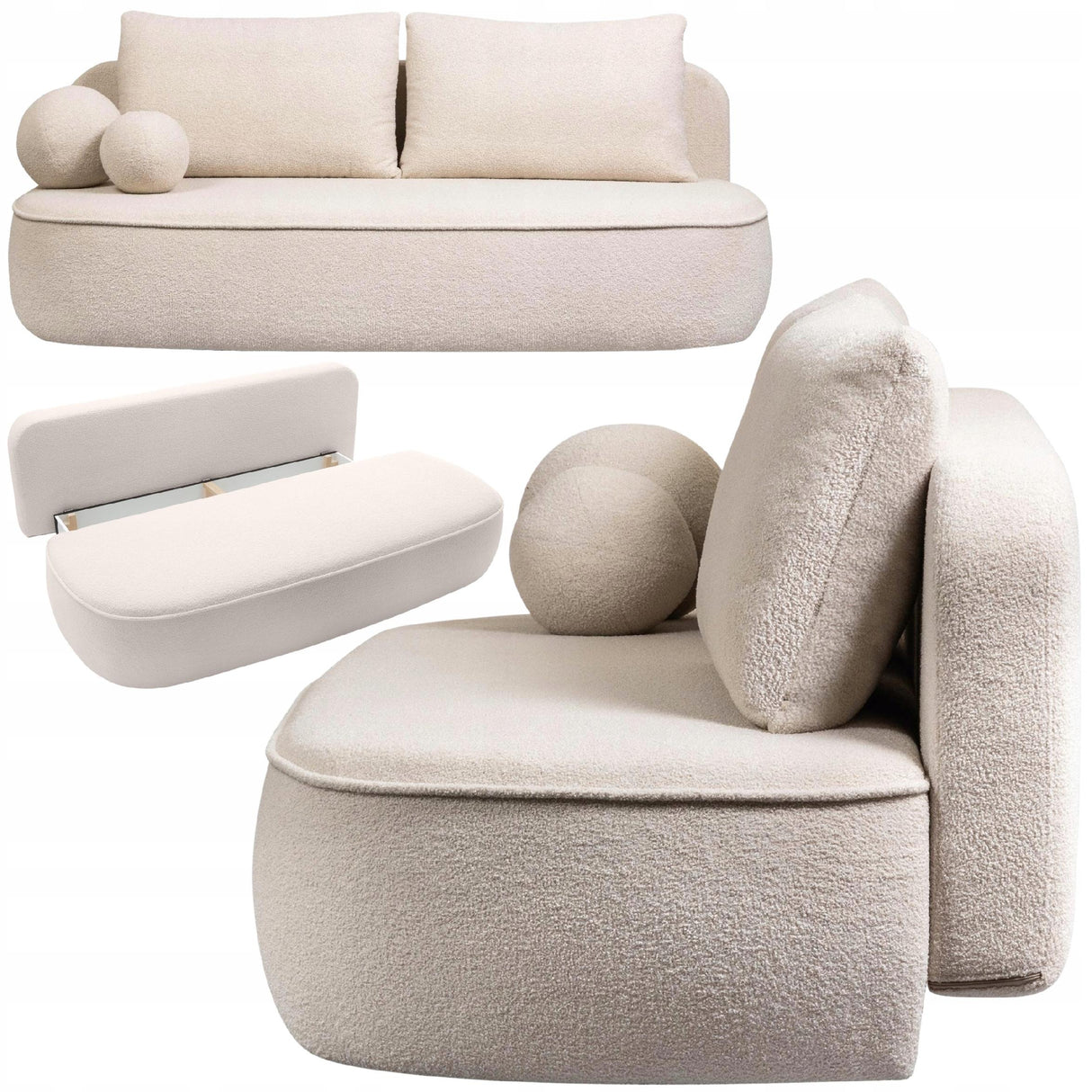 Sofa Zaokrąglony Kształt z Funkcją Spania i Pojemnikiem Jasnobeżowa 212x100