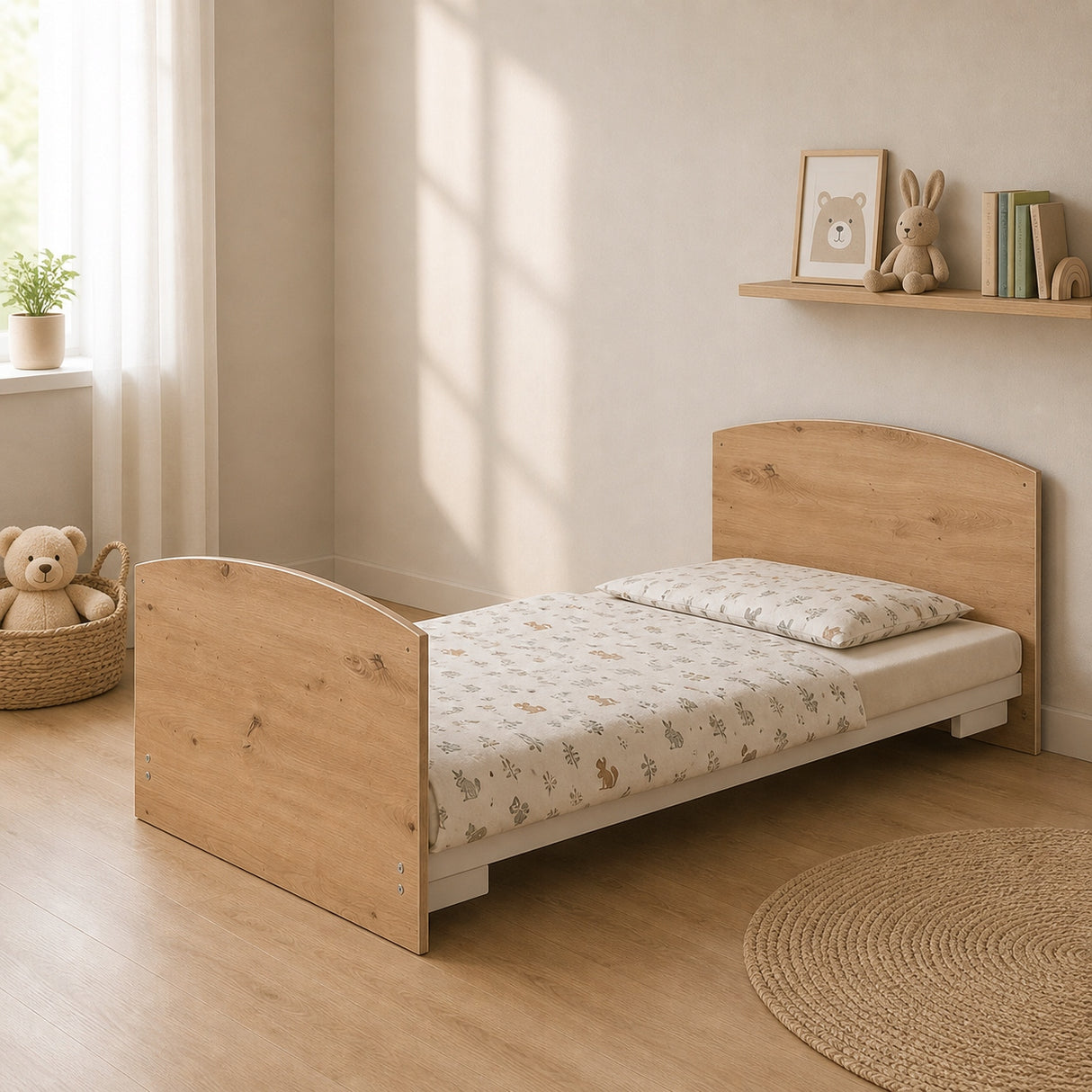 Łóżko Dziecięce Łączone Okrągła Barierka Ruszt Regulowany 70x140cm Buk
