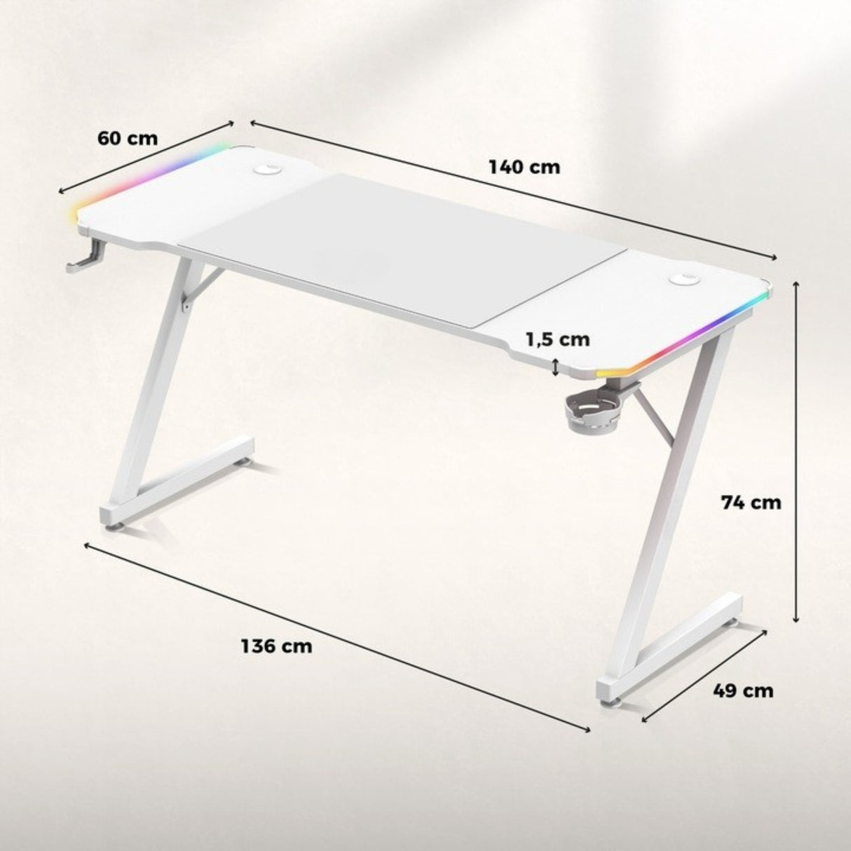 Biurko Komputerowe Gamingowe Ledy RGB Pilot + Podkładka XXL Karbon Białe