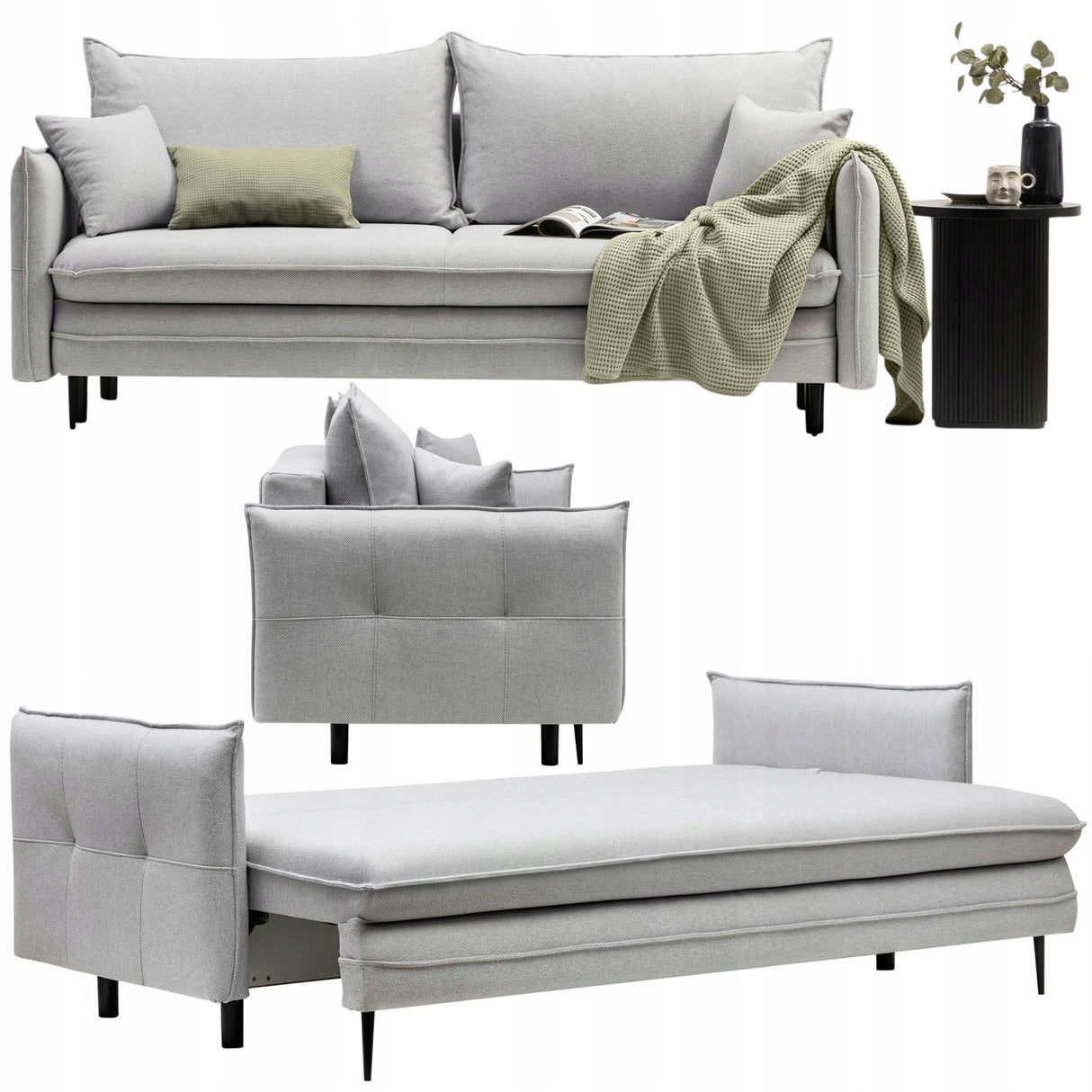 Sofa Rozkładana z Funkcją Spania i Pojemnikiem Szara 218 x 105 cm Tkanina