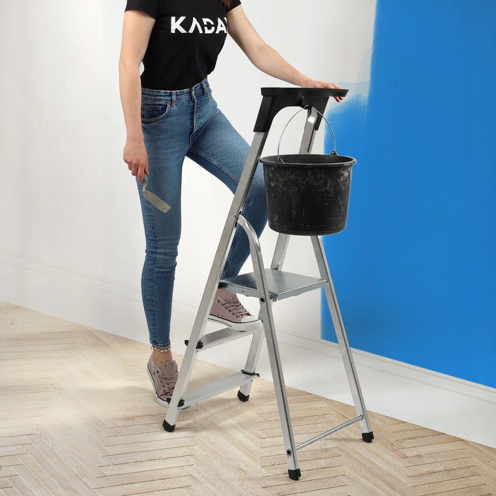 DRABINA ALUMINIOWA 3 STOPNIOWA SKŁADANA DOMOWA MOCNA PÓŁKA +HAK 125kg POVES