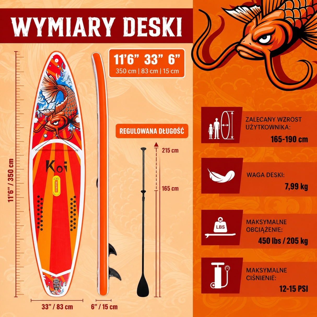 Nadmuchiwana Deska Wiosłowa Stand Up Paddle Pomarańczowa z Akcesoriami
