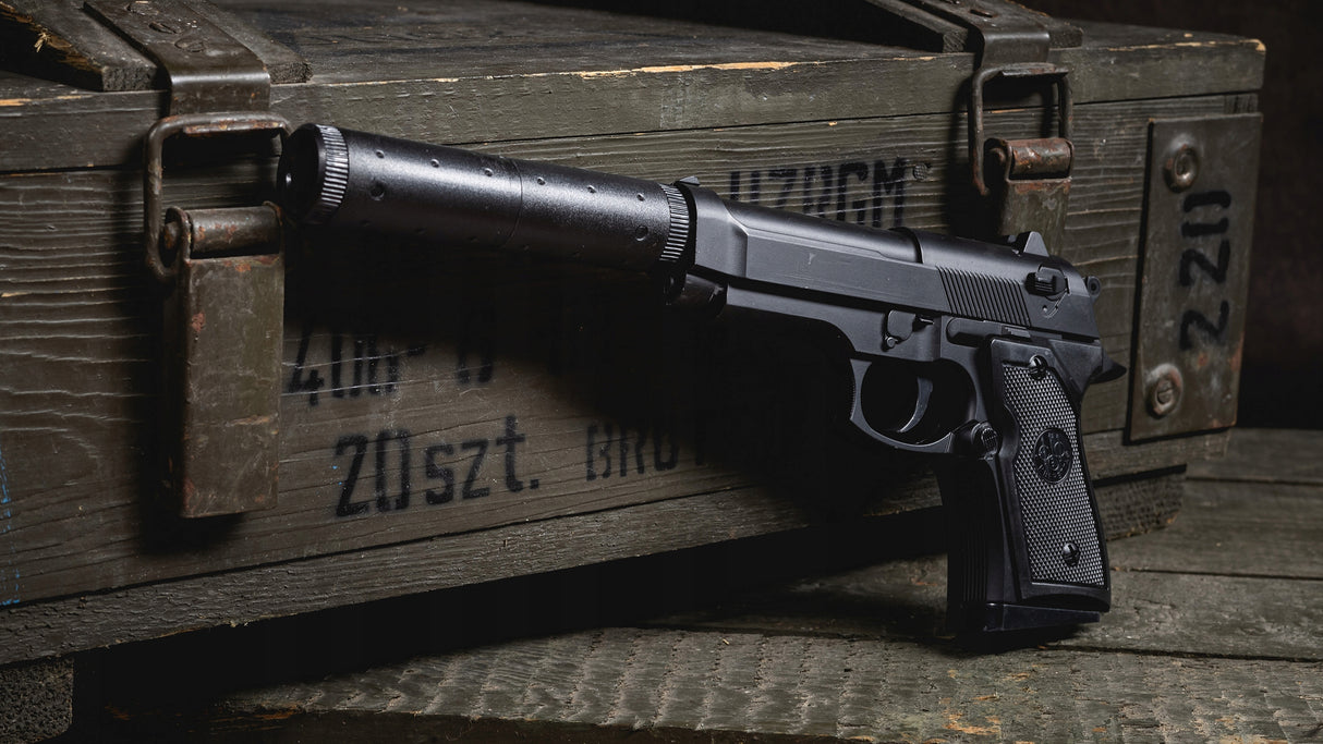 Pistolet na Kulki Metalowy Pistolet Beretta z Tłumikiem + Duży Granat 6mm