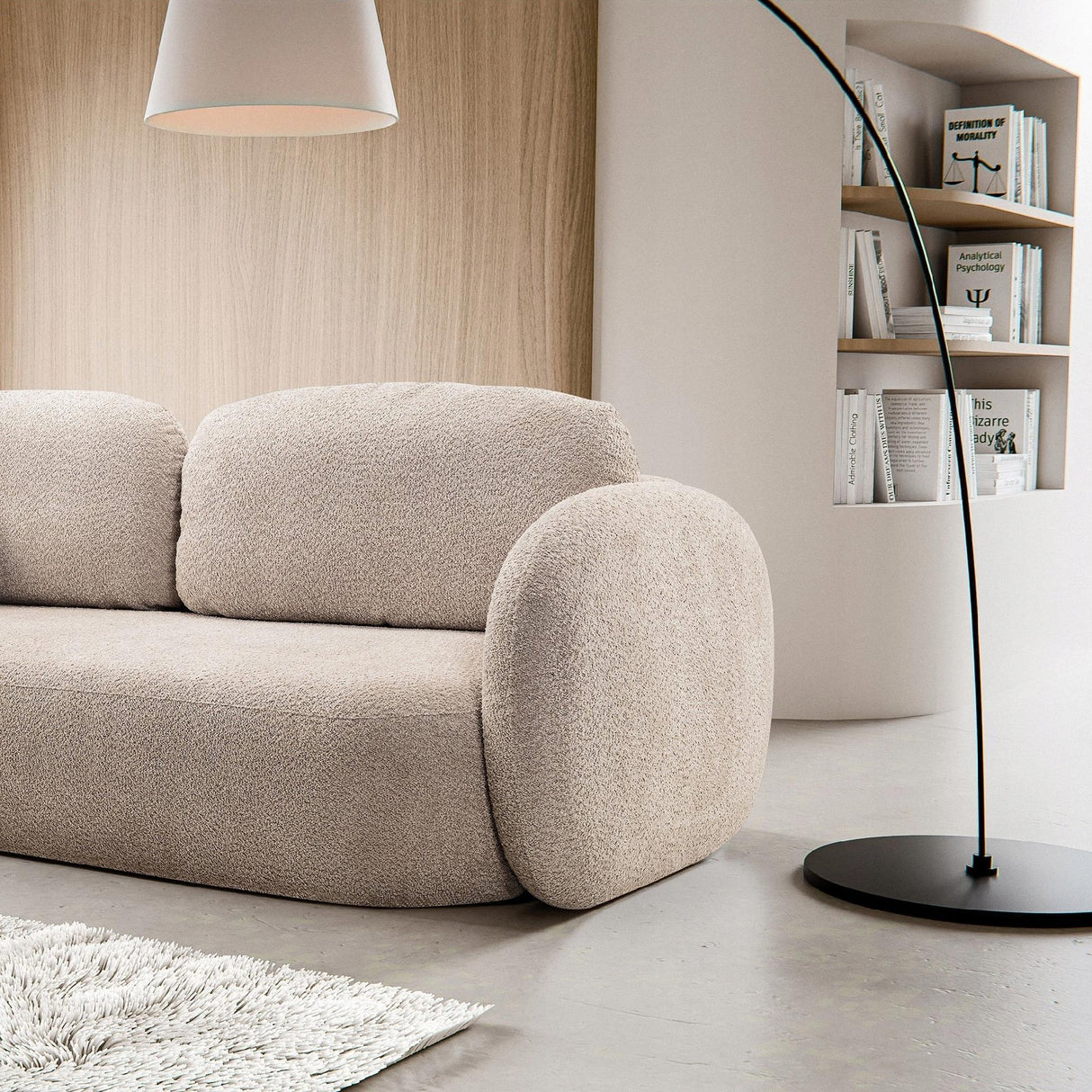 Sofa Rozkładana z Pojemnikiem na Pościel Obły Kształt Boucle Beżowa 238x101