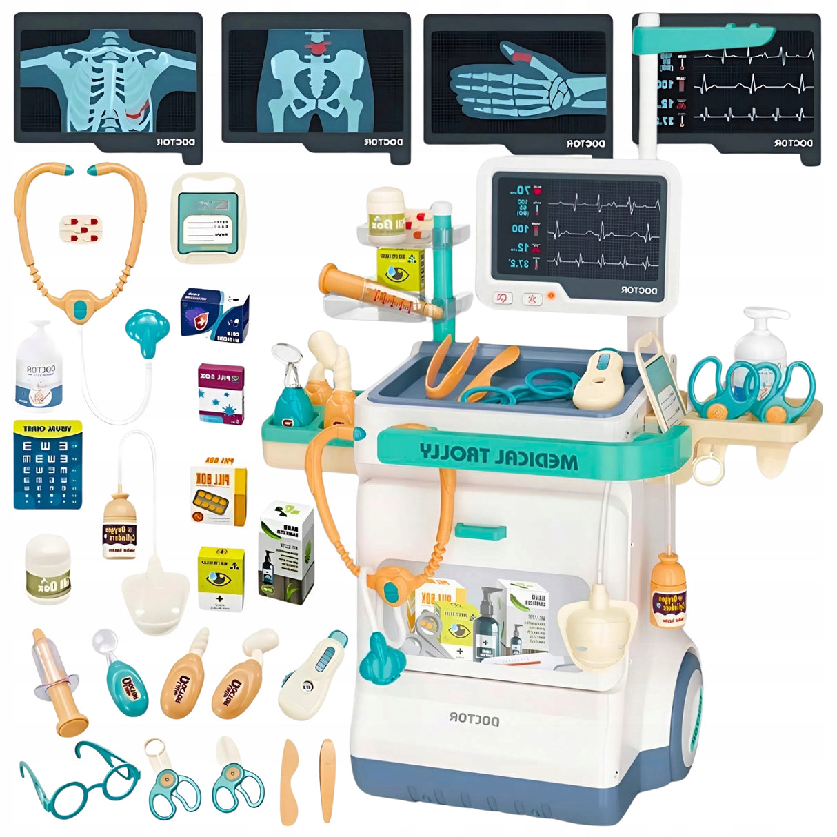 Interaktywny Wózek Doktor EKG Zestaw Małego Lekarza XXL 26 Elem. dla Dzieci