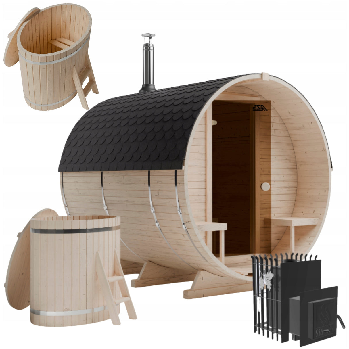 Sauna Ogrodowa z Piecem i Balią 120 cm Szwedzkie Drewno Beczka 240 cm