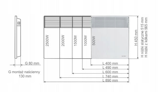 Grzejnik Energooszczędny Przenośny Elektryczny Ścienny 500W Mobilny Biały