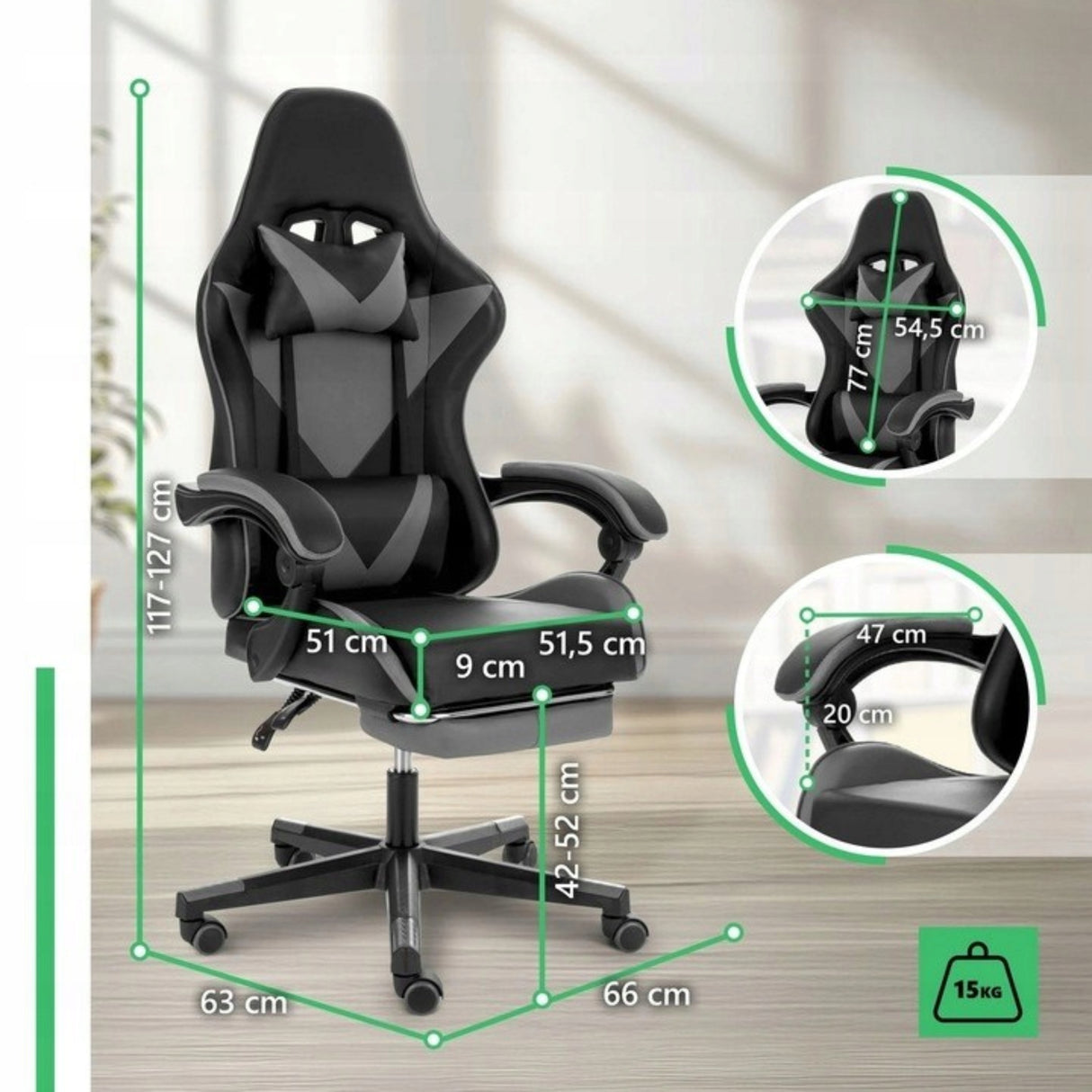 Fotel Obrotowy Biurowy Gamingowy Podnóżek Ergonomiczny Regulowany Czarny