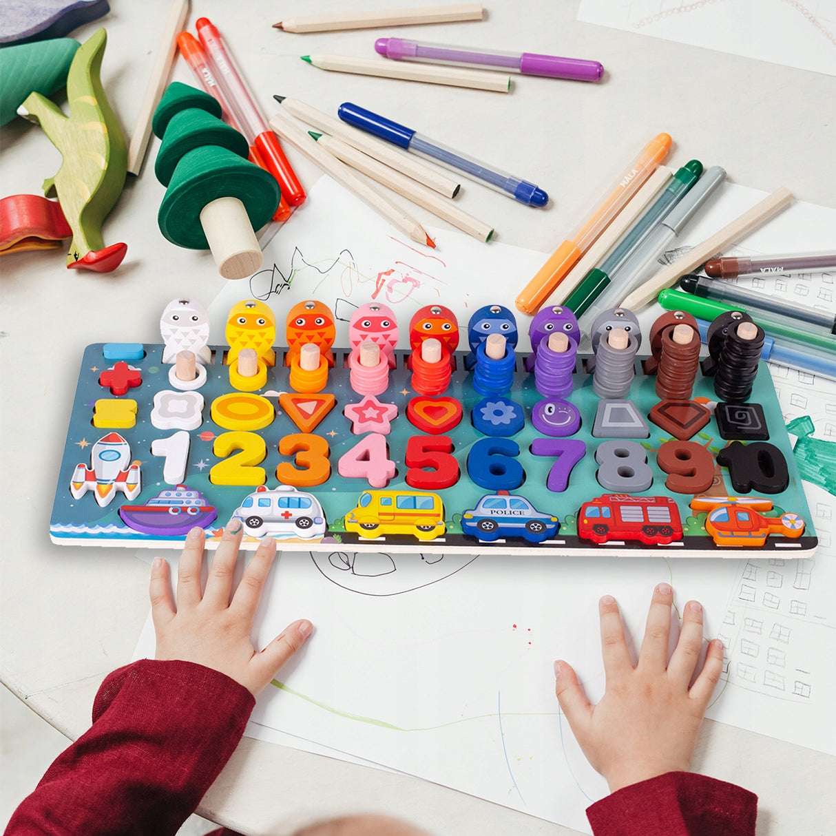 Układanka Drewniana Gra Łowienie Rybek Kształty Pojazdy Cyferki Montessori
