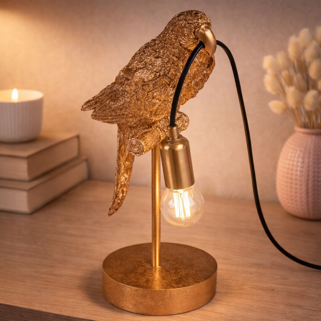 Lampa Złota Papuga Stołowa Elegancka Lampka w Kształcie Papugi 46cm Mosiądz