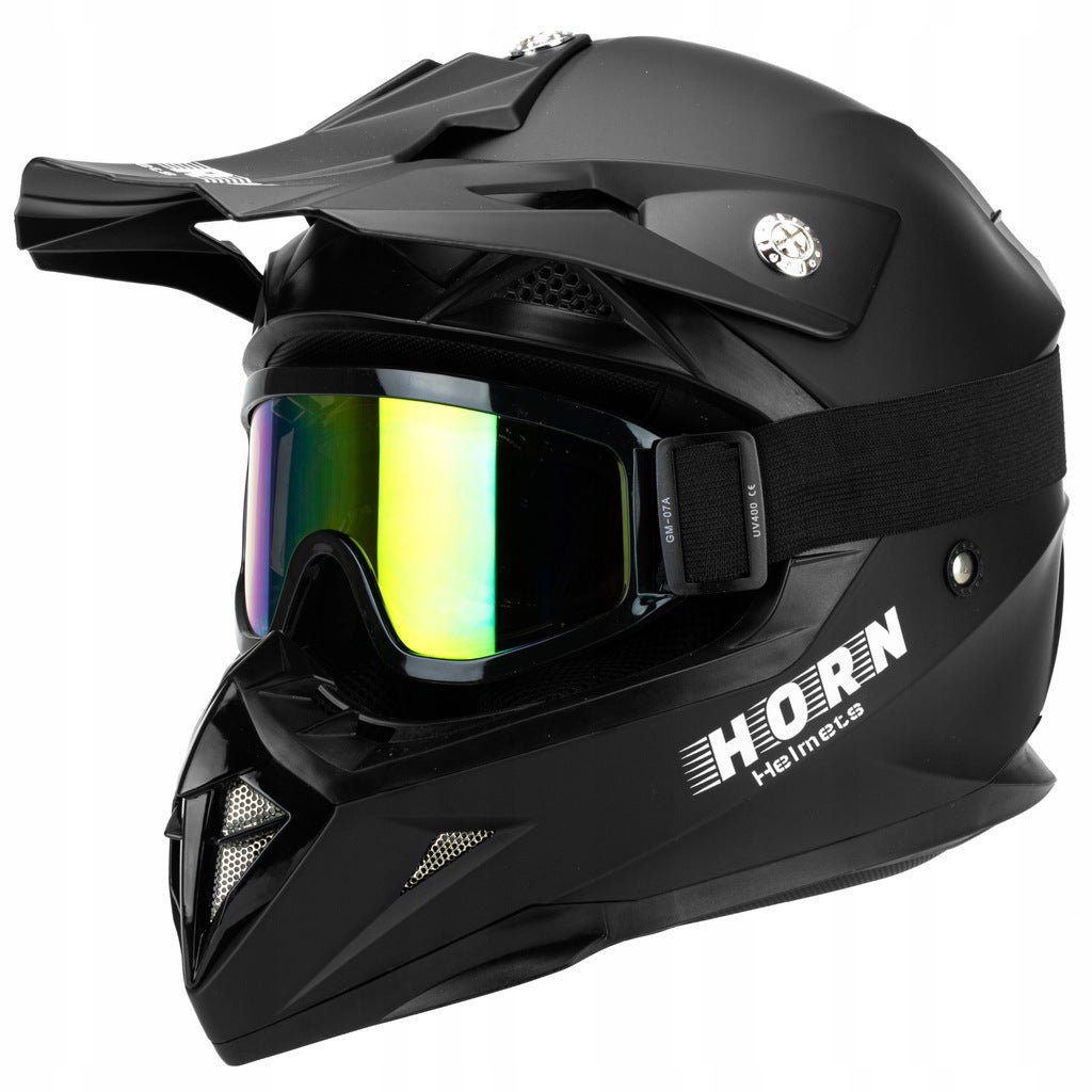 Kask Motocyklowy Cross Horn Enduro Quad Crossowy Czarny Matowy XS + Google