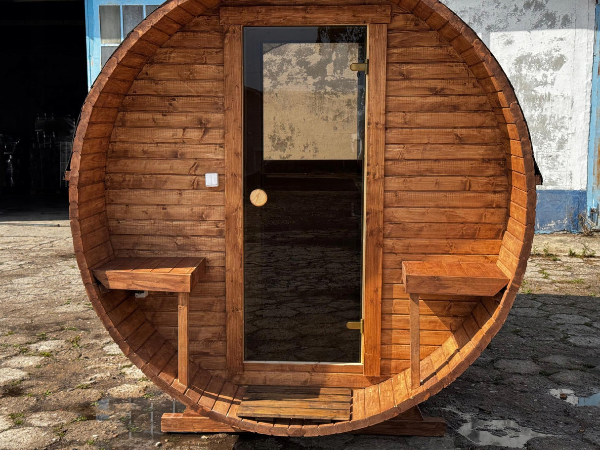 Sauna Ogrodowa Beczka 340 cm Szwedzkie Drewno Zestaw z Piecem HARVIA PC90