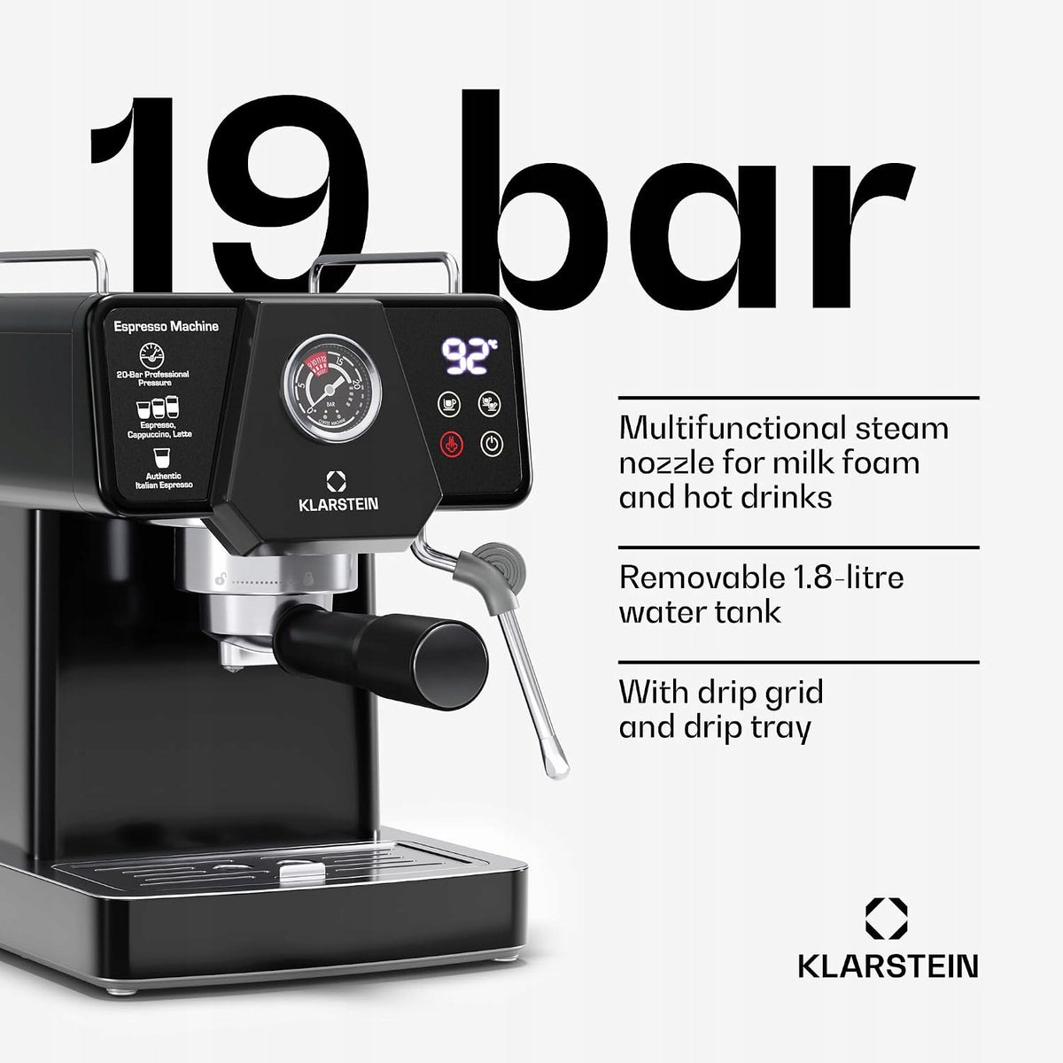 Ekspres do Kawy Kolbowy Ciśnieniowy Klarstein Libeica 19 Bar 1350W Czarny