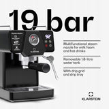Ekspres do Kawy Kolbowy Ciśnieniowy Klarstein Libeica 19 Bar 1350W Czarny