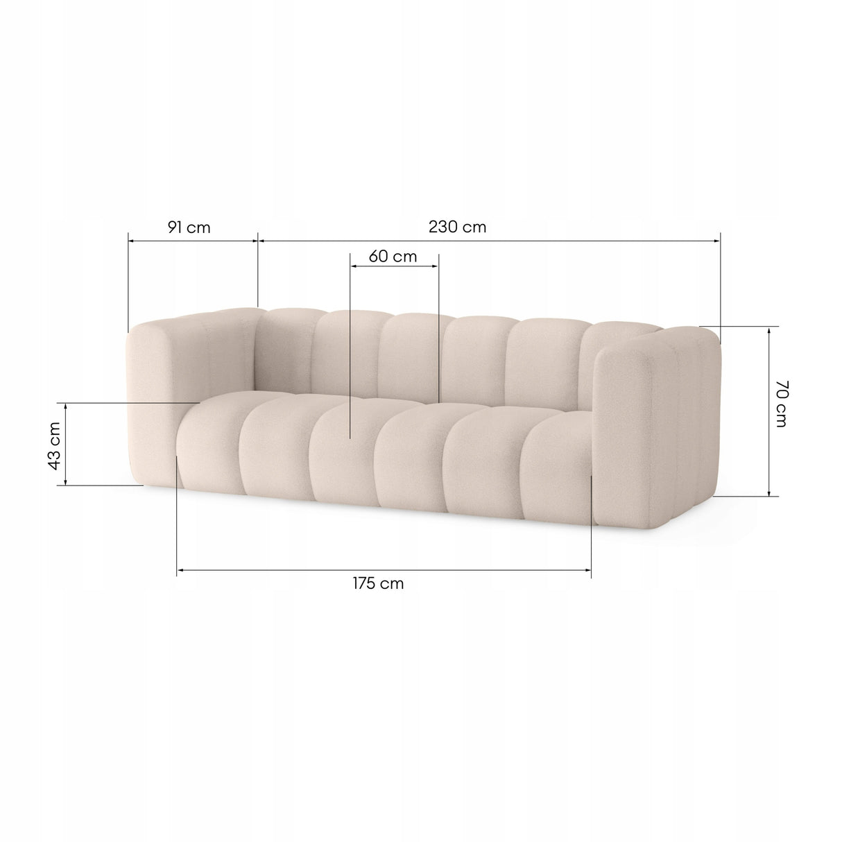 Sofa Trzyosobowa do Salonu Salonowa Boucle Obłe Kształy Jasnobeżowa Tkanina