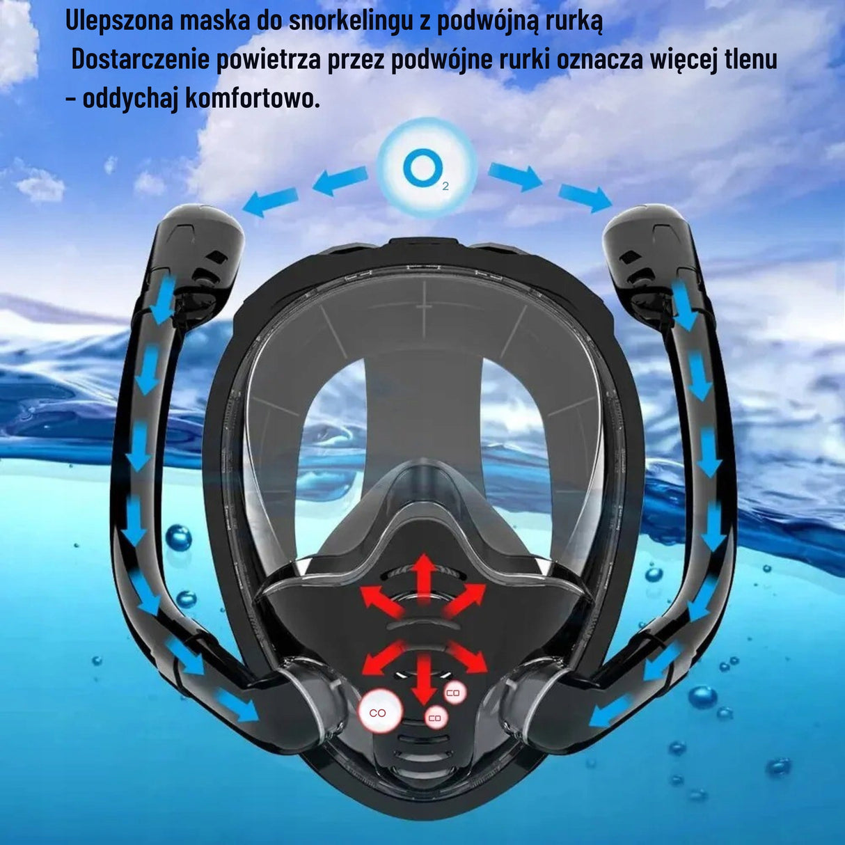 Maska do Snorkelingu Nurkowania Pełno-twarzowa z Dwoma Rurkami Rozmiar L/XL
