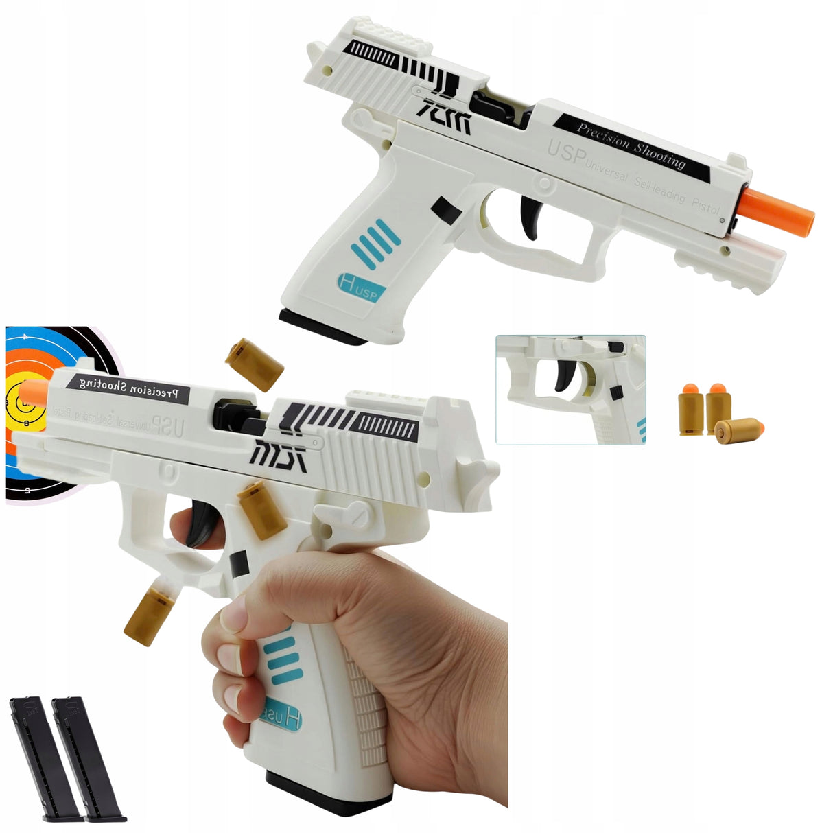 Pistolet Zabawka Automatyczny Wyrzut Łusek 2 Magazynki 100 Kulek