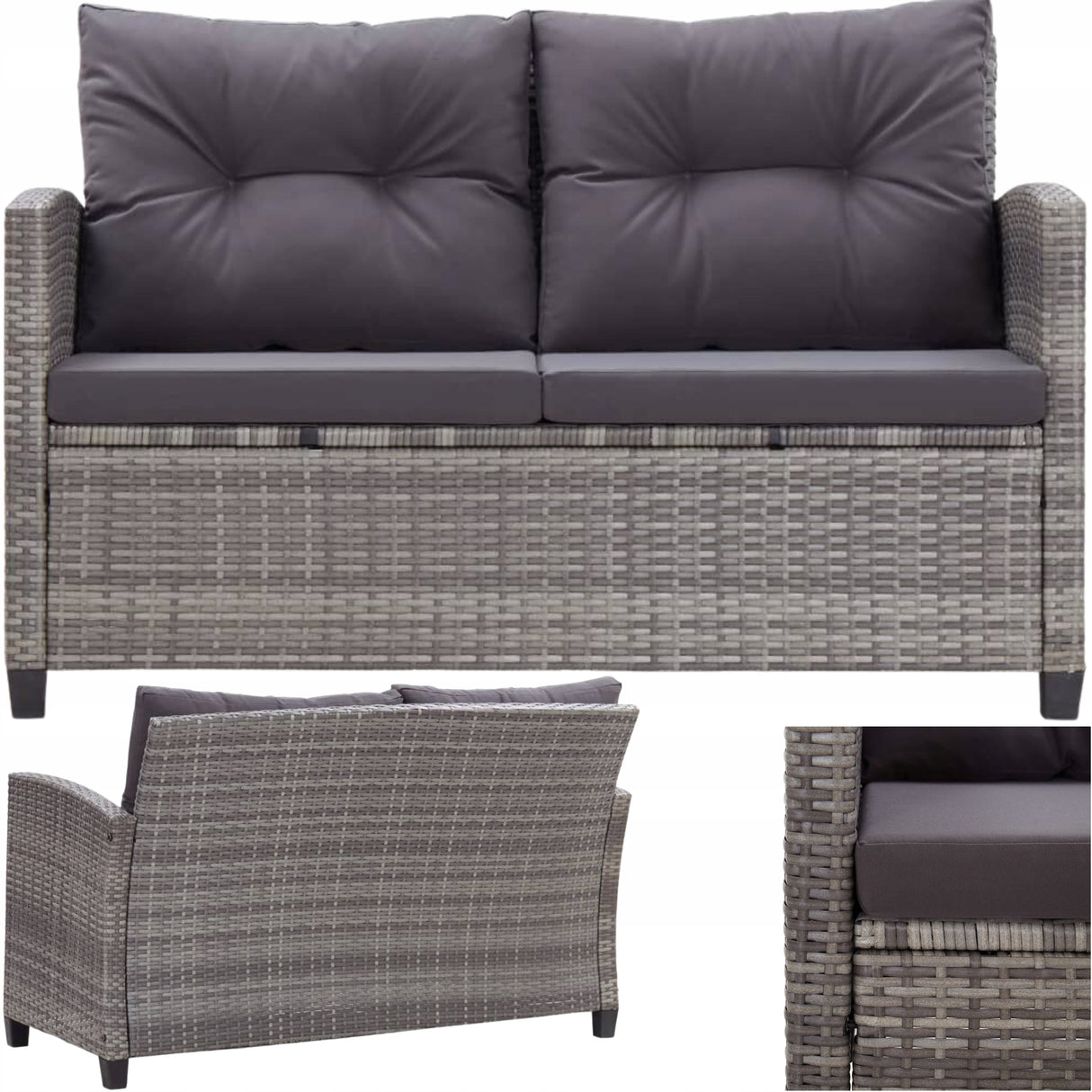 Sofa Ogrodowa Dwuosobowa z Poduszkami Szara Rattan PE 124x74x78 cm