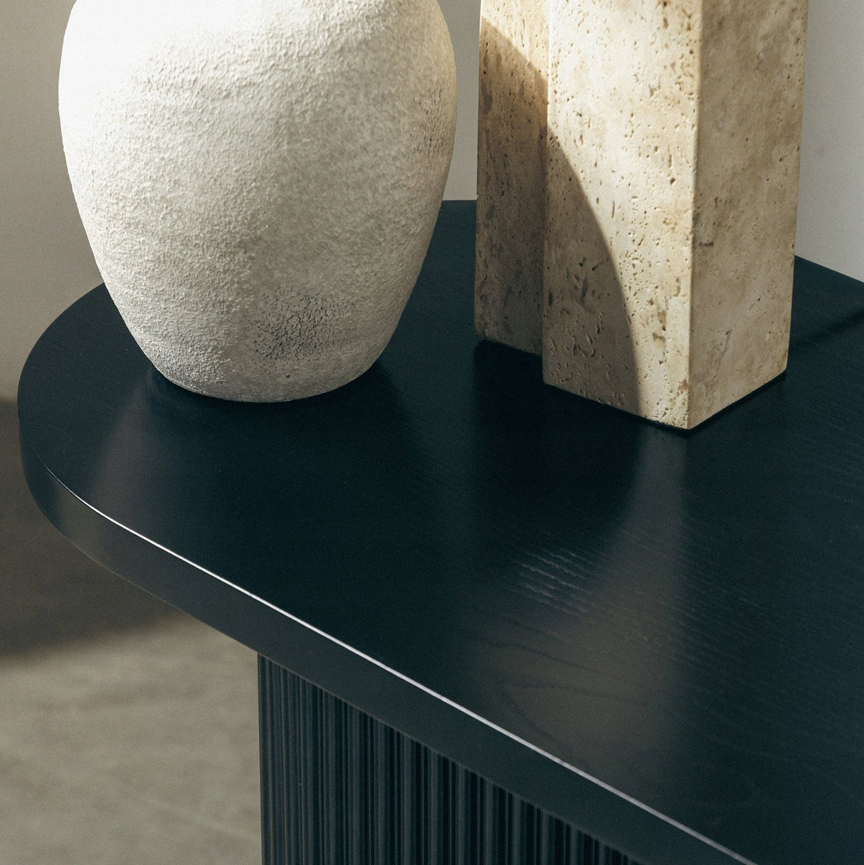 Biurko Konsola Stolik Lamelowe Nogi Owalny Blat Designerski Czarne 140x40