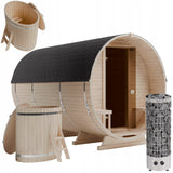 Sauna Ogrodowa Zestaw Drewno Szwedzkie Beczka 340cm z Piecem i Balią 120 cm