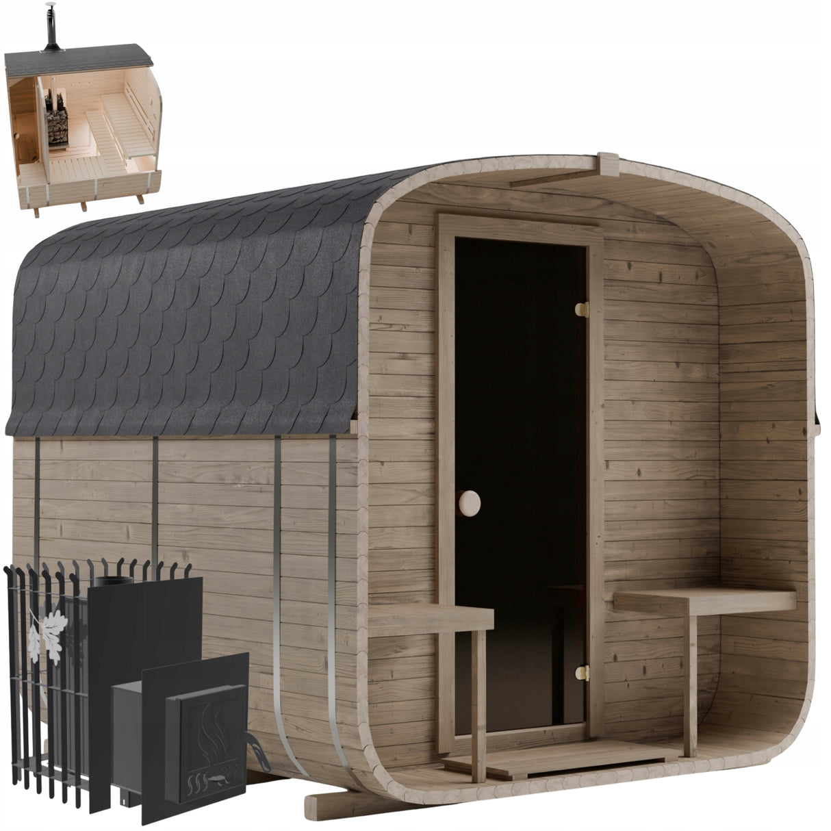 Sauna Ogrodowa Quadro 240 cm Drewno Szwedzkie z Piecem na Drewno Zestaw