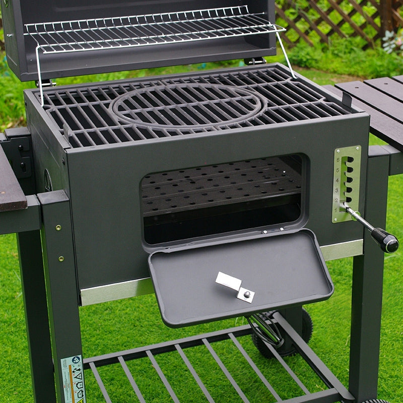 Grill Węglowy z Pokrywą i Półkami na Kółkach Ogrodowy XXL Szary Termometr