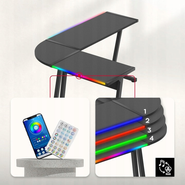 Biurko Gamingowe Młodzieżowe Narożne RGB LED Pilot Dwustronne L/P Czarne