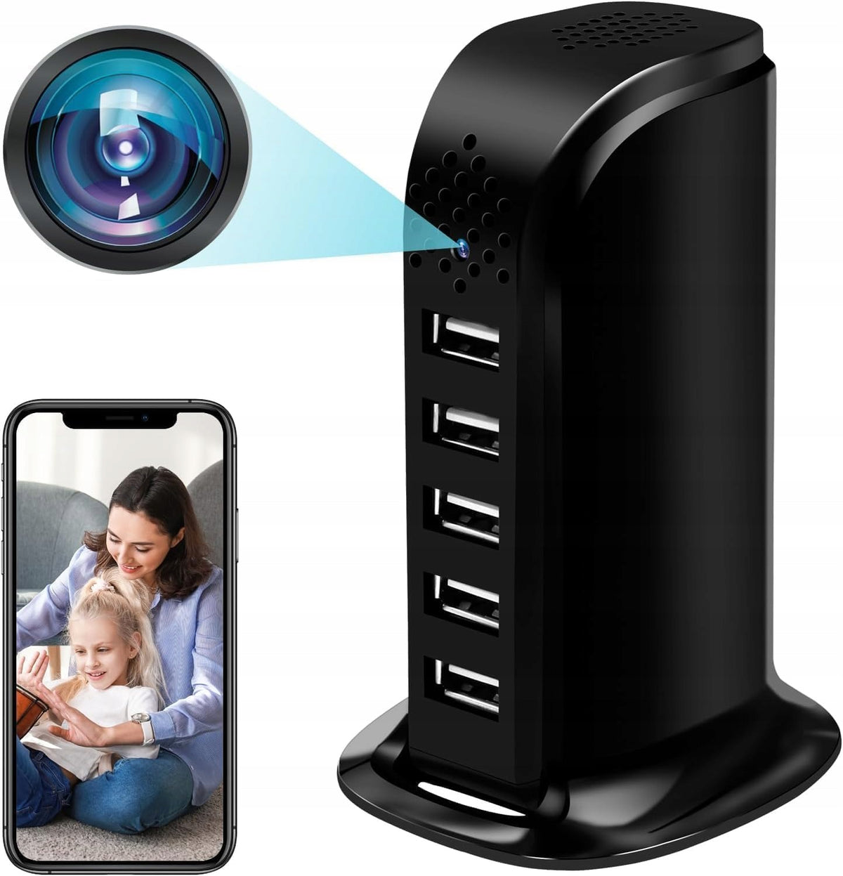 Ukryta Kamera WiFi 5xUSB Ładowarka Szpiegowska Czarna HD 1080p 2,4/5Ghz