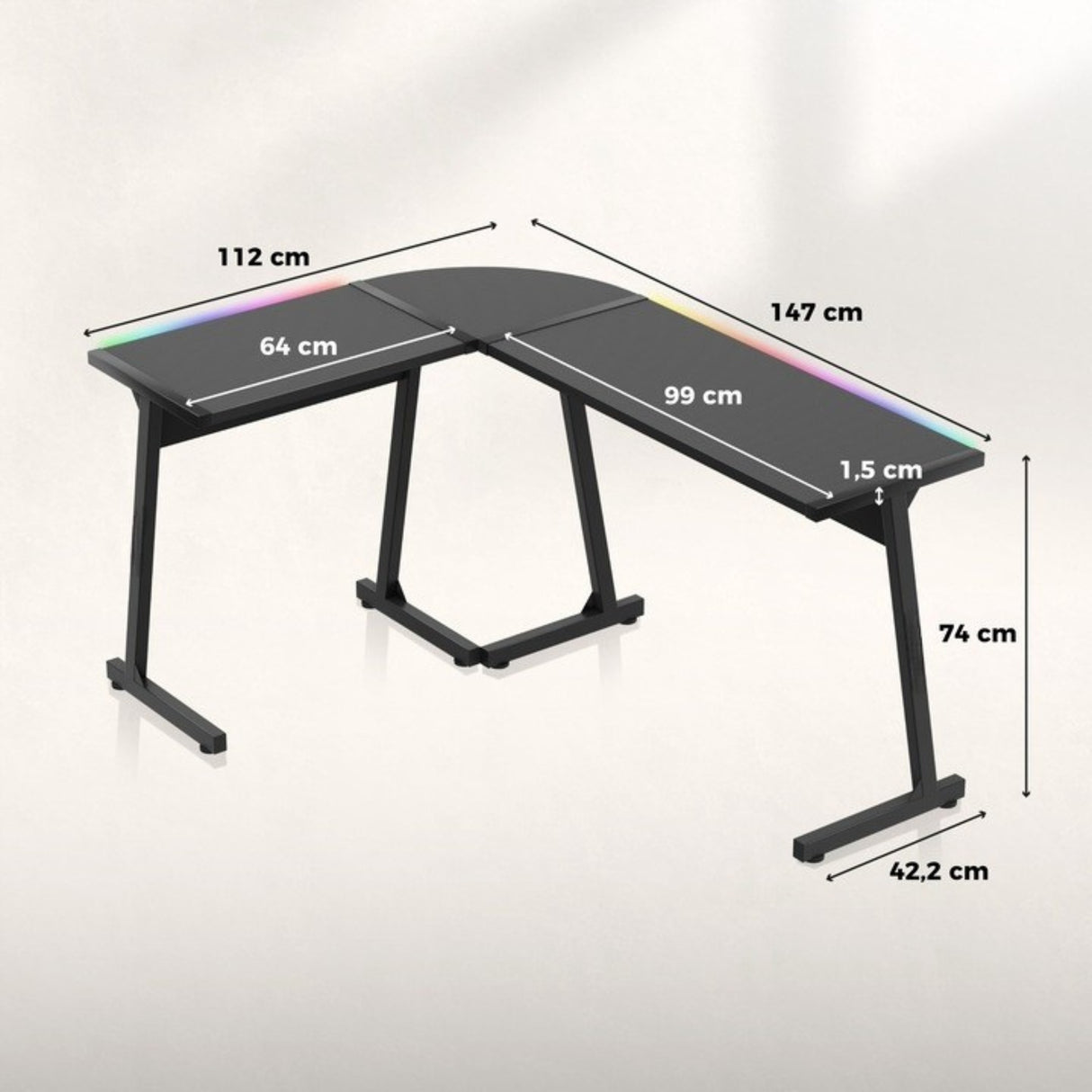 Biurko Gamingowe Młodzieżowe Narożne RGB LED Pilot Dwustronne L/P Czarne