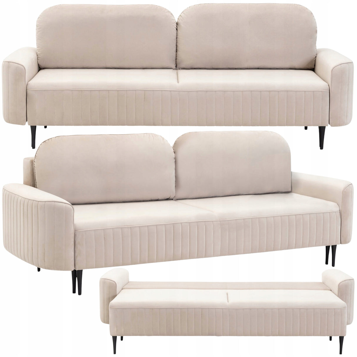 Sofa Rozkładana z Pojemnikiem na Pościel Welurowa Salonowa Beżowa 244x102cm