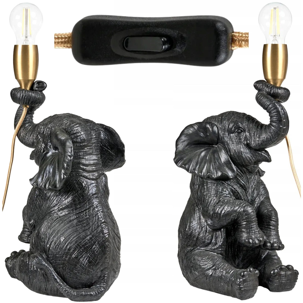 Lampa Czarna Stołowa w Kształcie Słonia Elegancka Lampka Mosiądz 37cm Słoń