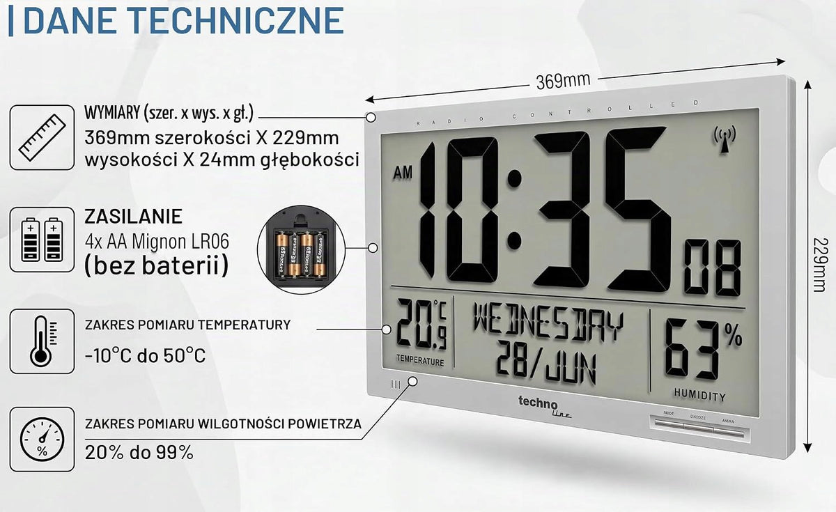 Cyfrowy Zegar Ścienny Technoline WS8013 Srebrny 37 cm x 27 cm Data Dzień