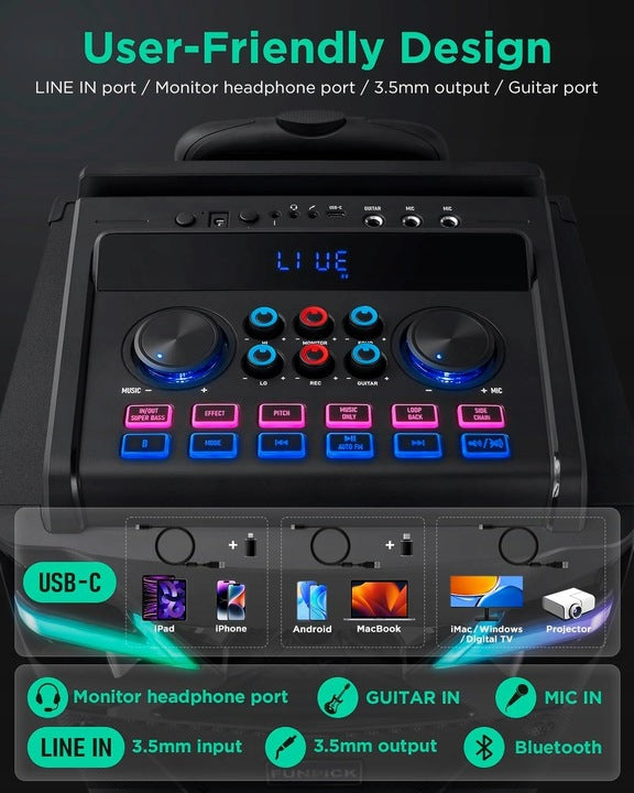 Maszyna do Karaoke z 2 Mikrofonami Bluetooth USB Radio FM AUX